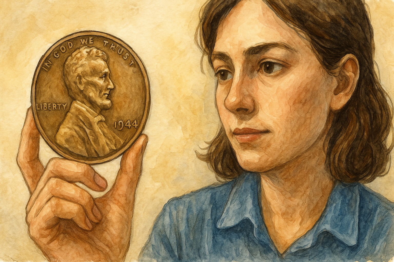 A numismatist is holding a 1944 wheat penny.