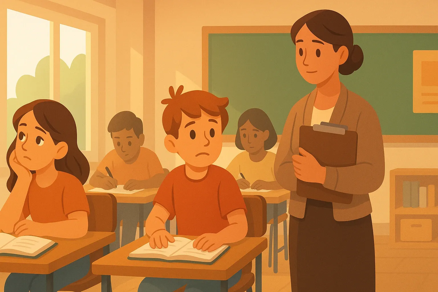 A teacher observes two distracted children in class.