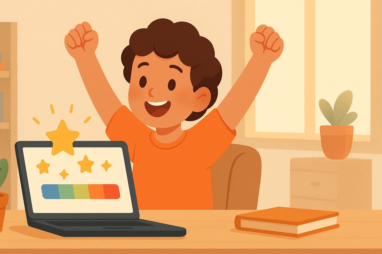 A child is happy about completing a challenge on his laptop.