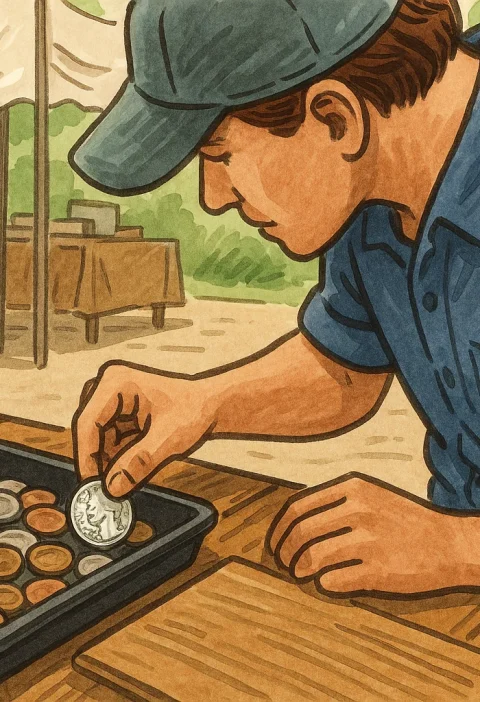 A collector looks through the tray of coins at the weekend flea market and holds a bicentennial quarter.