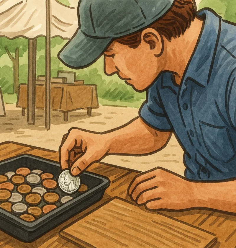 A collector looks through the tray of coins at the weekend flea market and holds a bicentennial quarter.