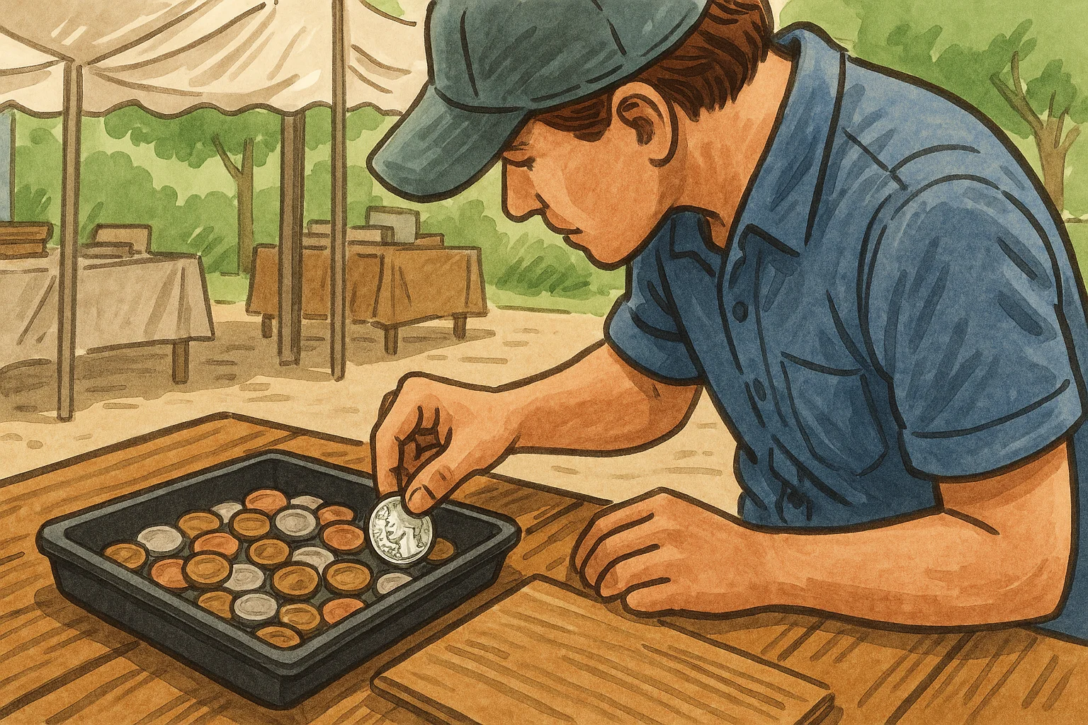 A collector looks through the tray of coins at the weekend flea market and holds a bicentennial quarter.