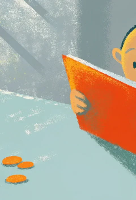 man is reading a red book, and there are coins and a magnifying glass on the table next to it