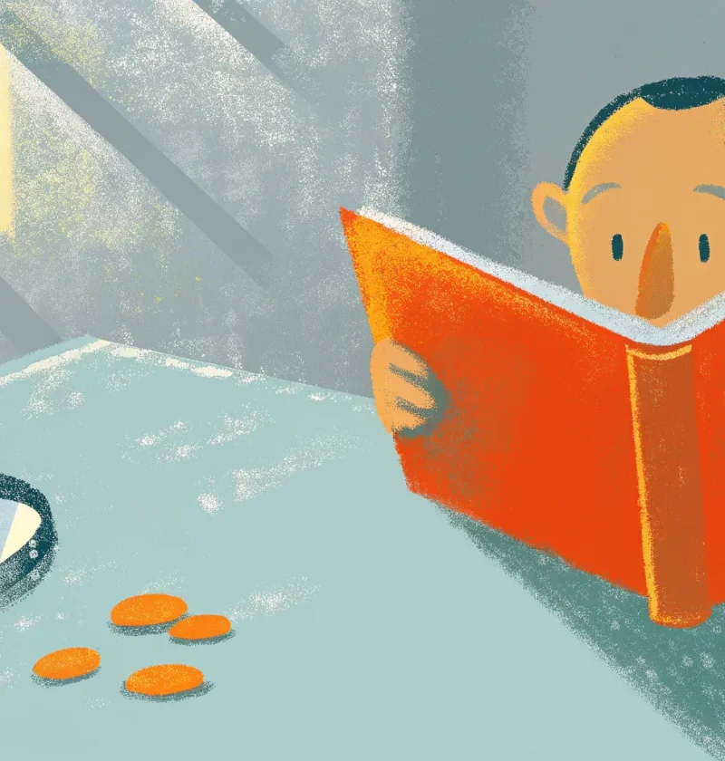 man is reading a red book, and there are coins and a magnifying glass on the table next to it