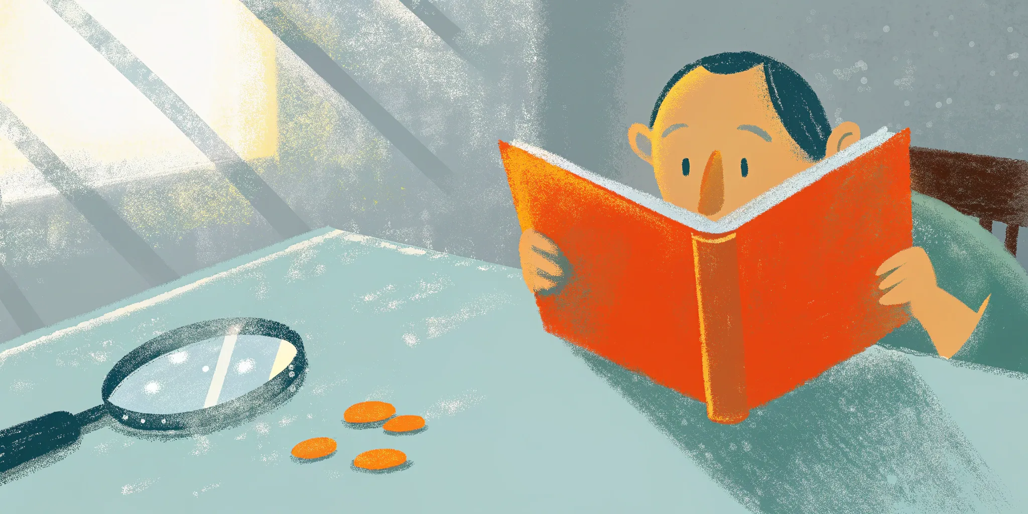 man is reading a red book, and there are coins and a magnifying glass on the table next to it