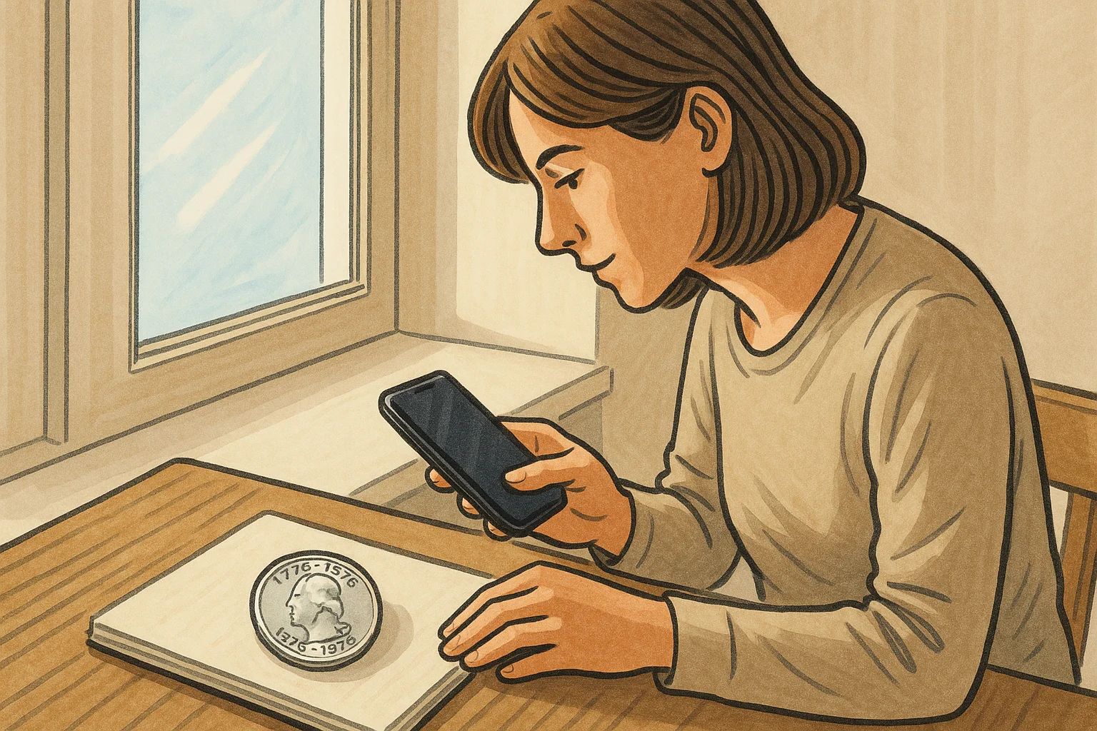 A woman scans a bicentennial quarter via the coin scanner app.