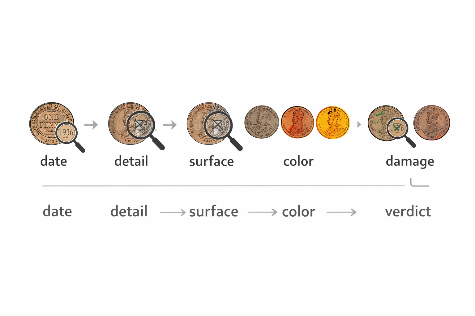 Minimalist infographic showing the steps to assess a 1936 Australian penny: date, detail, surface, color, damage, verdict.